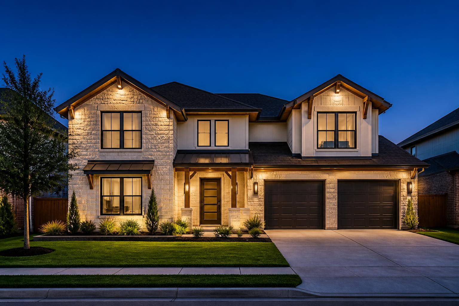 Modern Texas home at dusk inspected by Peak Integrity