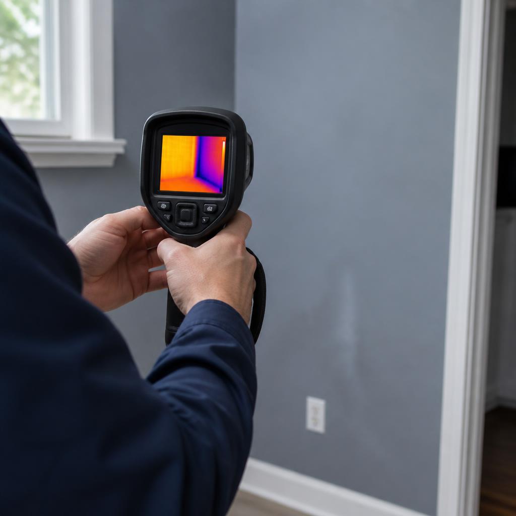 Inspector scanning an interior wall with a thermal imaging camera